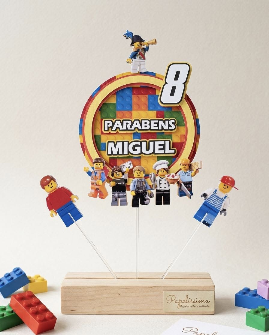 Topo de bolo com tema de blocos de construção, nome Miguel e número 8.